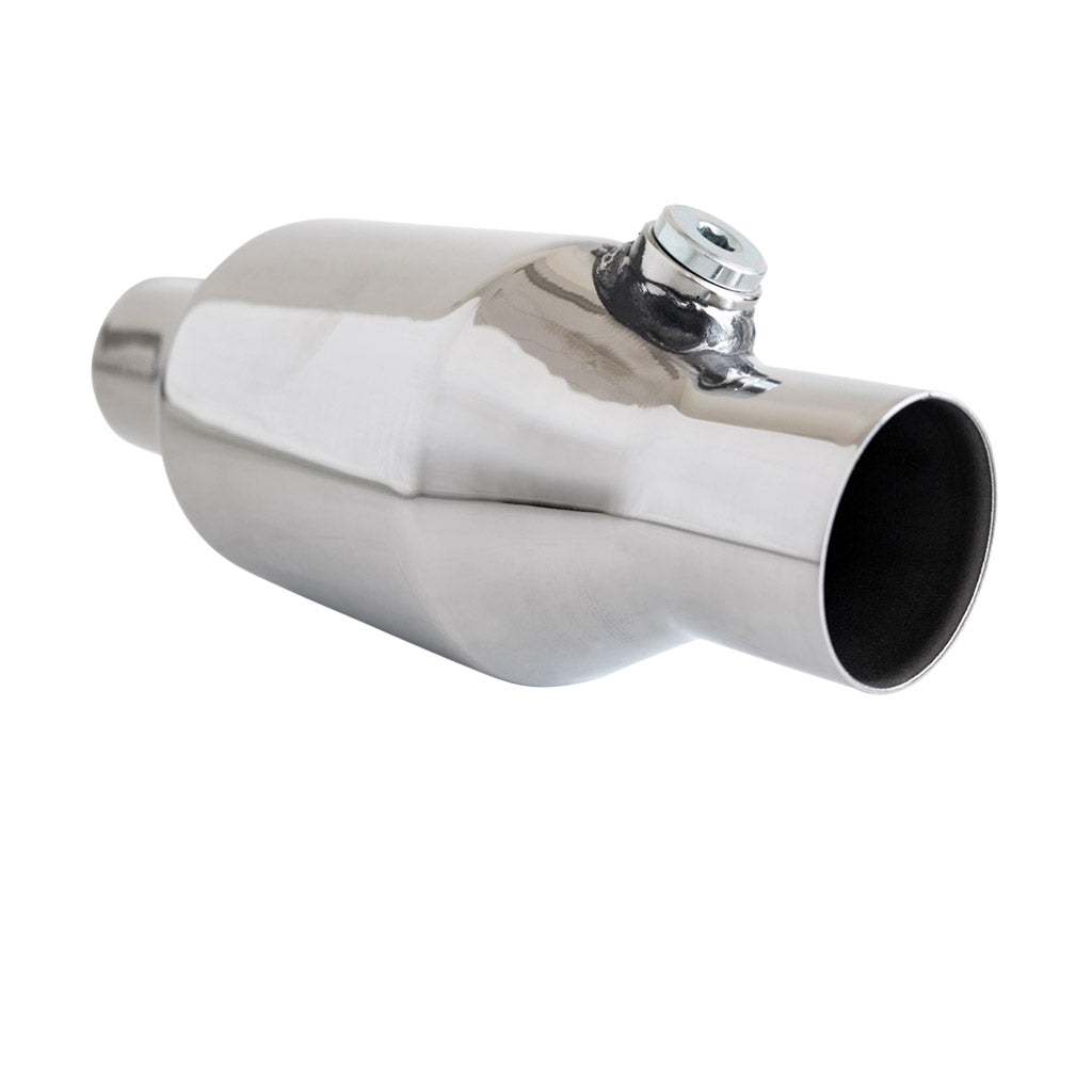 Universal High Flow Performance Catalytic Converter - 2" to 4" 100/200 Cell Round Metallic Core - Bullet Style with Oxy Sensor Provision