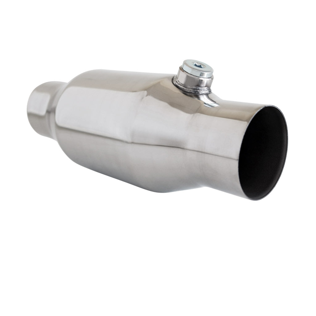 Universal High Flow Performance Catalytic Converter - 2" to 4" 100/200 Cell Round Metallic Core - Bullet Style with Oxy Sensor Provision