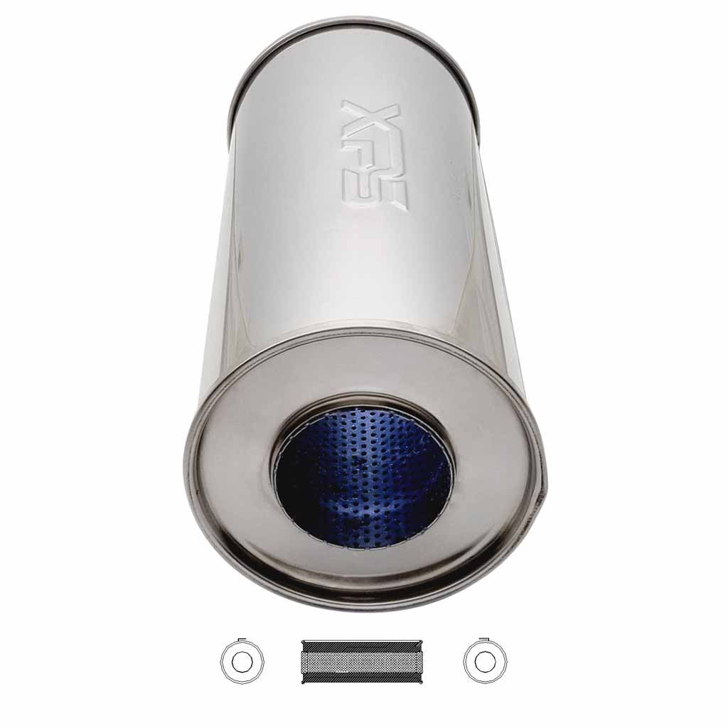 6" ROUND - 14" LONG 3" C/C POLISHED STAINLESS STEEL STRAIGHT THROUGH MUFFLER