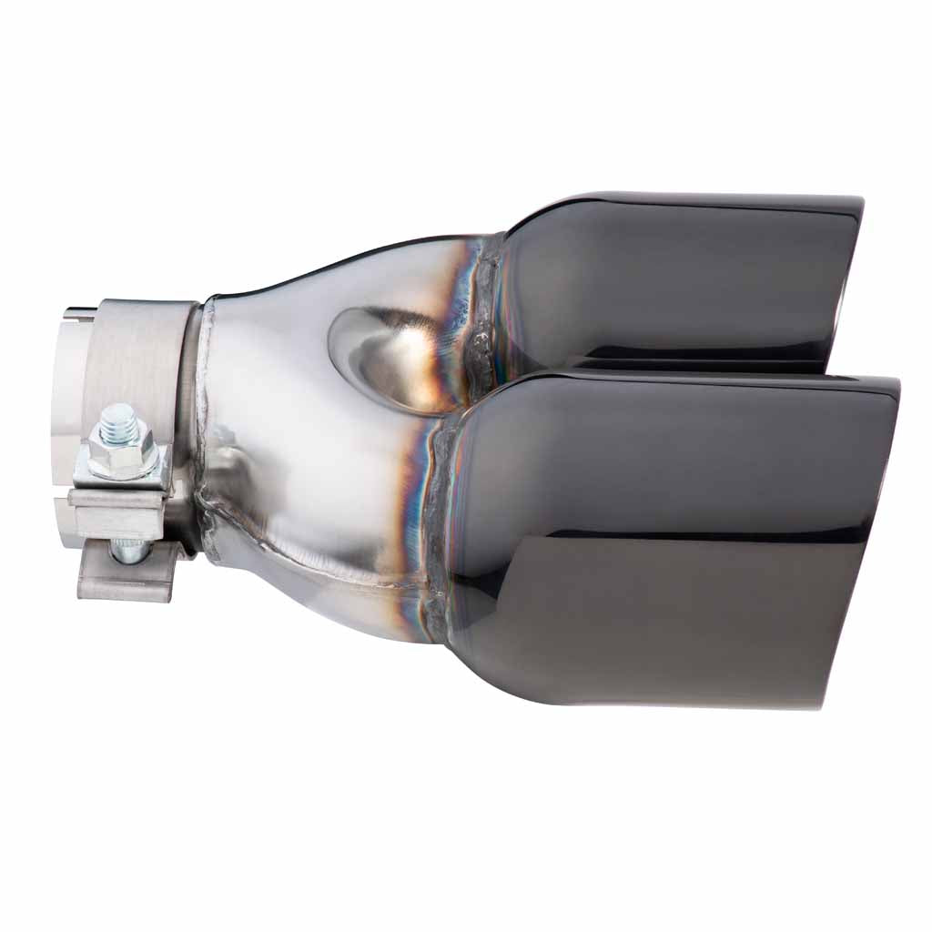 Angle Cut Y-Piece inner Cone Taper Stepped 2 1/2" In 2 x 31/2" Out 9" Long RHS SS304 Black Chrome Finish Clamped Tip