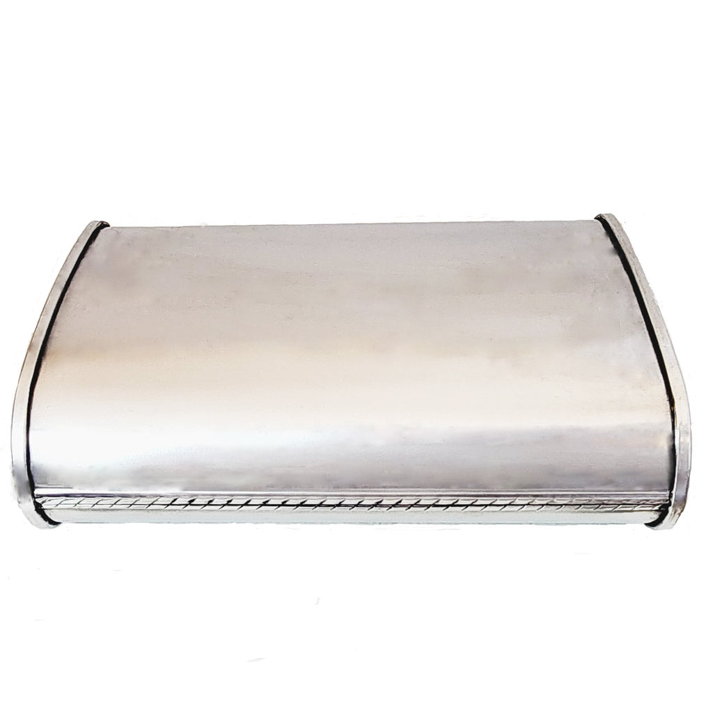 10" X 4" OVAL - 14" LONG O/O 2 1/2" GLASS PACKED MEGA FLOW NO STUBS 409 STAINLESS STEEL