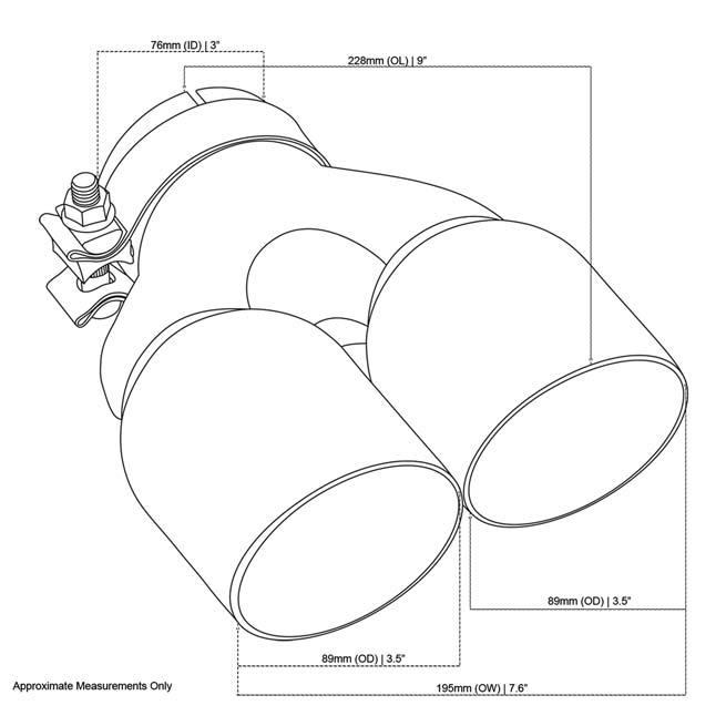 Angle Cut Y-Piece inner Cone Taper Stepped 3" In 2 x 31/2" Out 9" Long RHS SS304 Black Chrome Finish Clamped Tip