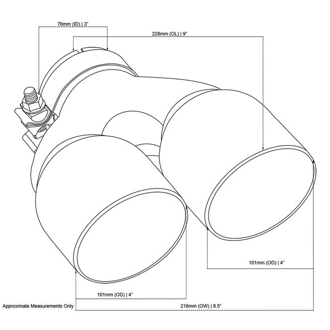 Angle Cut Y-Piece Inner Cone Taper Stepped 3" In 2 x 4" Out 9" Long LHS SS304 Black Chrome Finish Clamped Tip