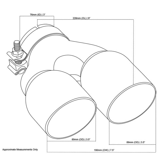 Angle Cut Y-Piece Inner Cone Taper Stepped 3" In 2 x 31/2" Out 9" Long LHS SS304 Clamped Tip