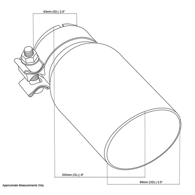 Angle Cut Inner Cone RC 2 1/2" In 3.5" Out 8" Long SS304 Clamped Tip