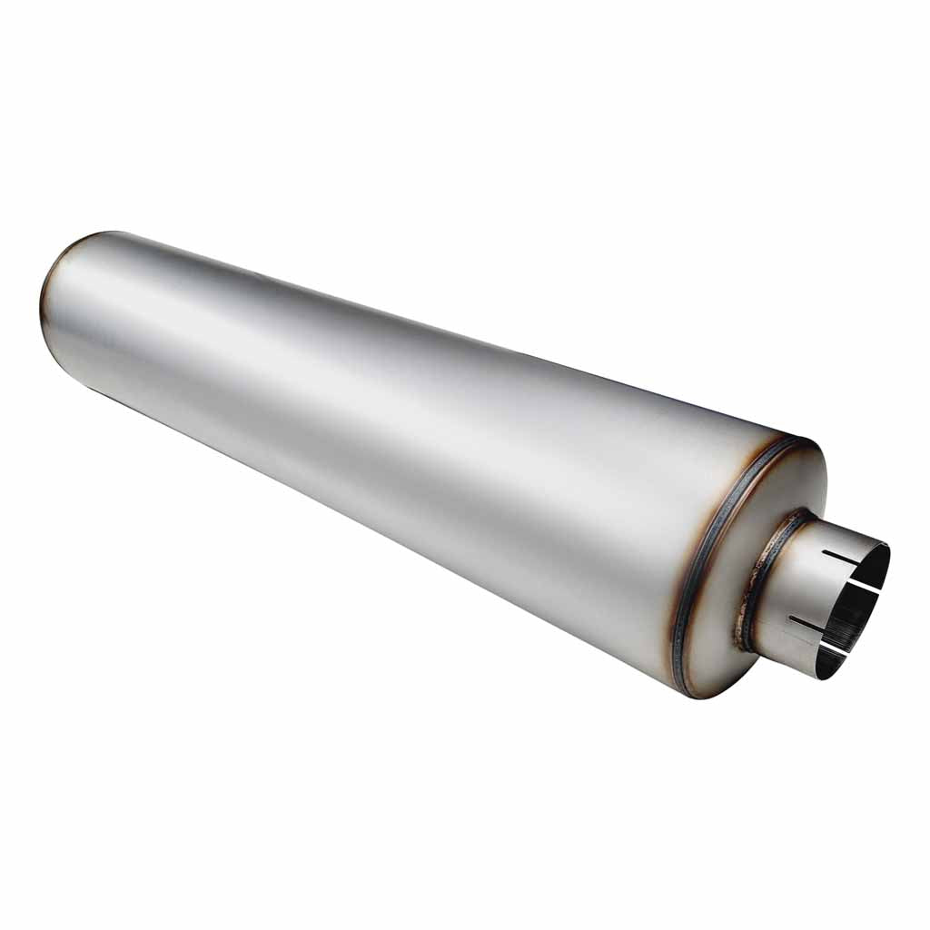 10" BODY DIAMETER X 44" BODY LENGTH - 5" IN/OUT - STRAIGHT THROUGH - GLASS PACKED  - STAINLESS STEEL 409