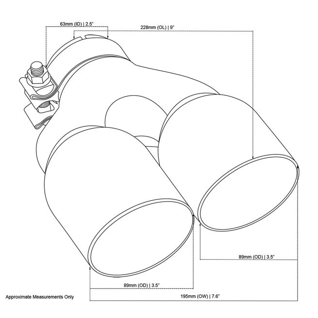 Angle Cut Y-Piece inner Cone Taper Stepped 2 1/2" In 2 x 31/2" Out 9" Long RHS SS304 Clamped Tip